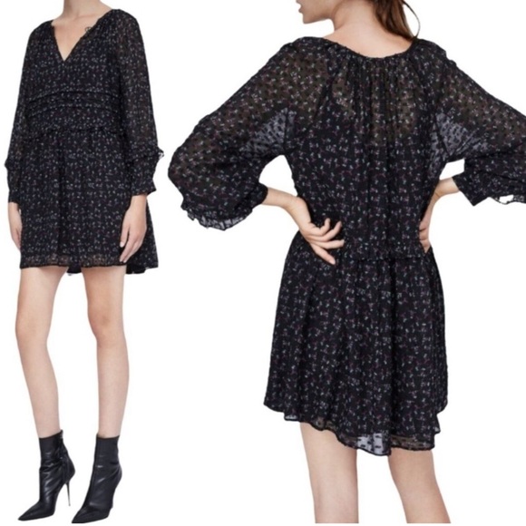 ZARA Basic Swiss Dot Floral Mini Dress Oversized Sheer with Slip Sz Small - Picture 1 of 11